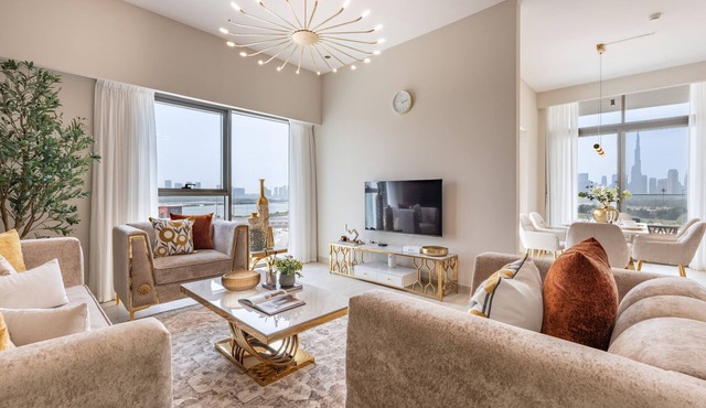 Balcony with Partial Creek Views and Glimpse of the Burj Khalifa in Dubai