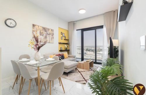 Jebel Ali Apartment | Vogue Vacation Homes, Alexis Tower Jabal Ali Walkable to Metro Station, near Expo City Dubai, One Bedroom Apartment with Balcony, Pool and Vibrant Community View, Access to all Amenities